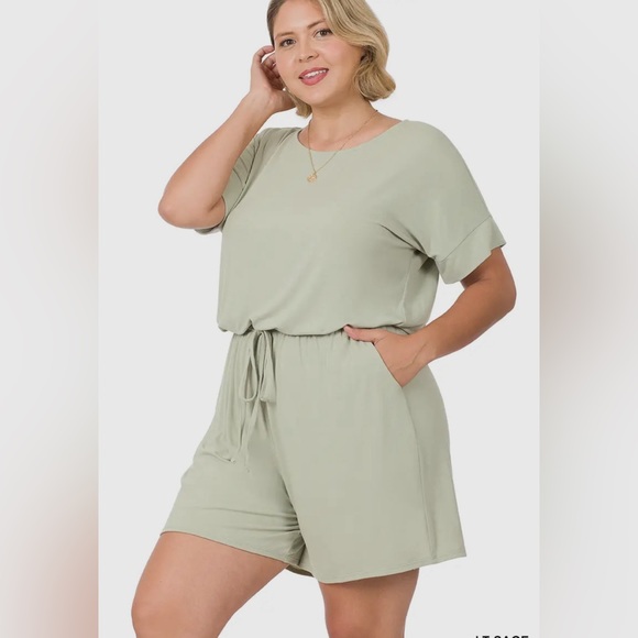 Zenana Outfitters Pants - Dust Green Plus Romper with Elastic Waist & Back Keyhole